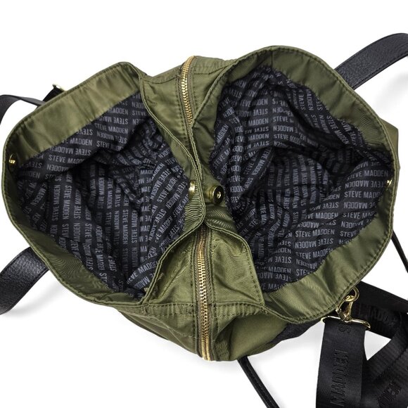 Steve Madden Gym Bag Women Nylon Gold Trim Olive Green Chunky Zip Shoulder Strap - Picture 6 of 12